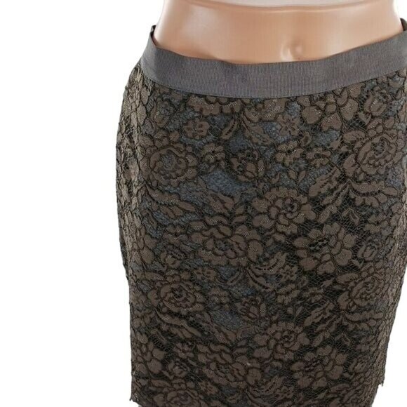LOFT Skirt Womens Size 6P Brown Gray Lace Overlay Lined Classic Straight Petite - Picture 3 of 8